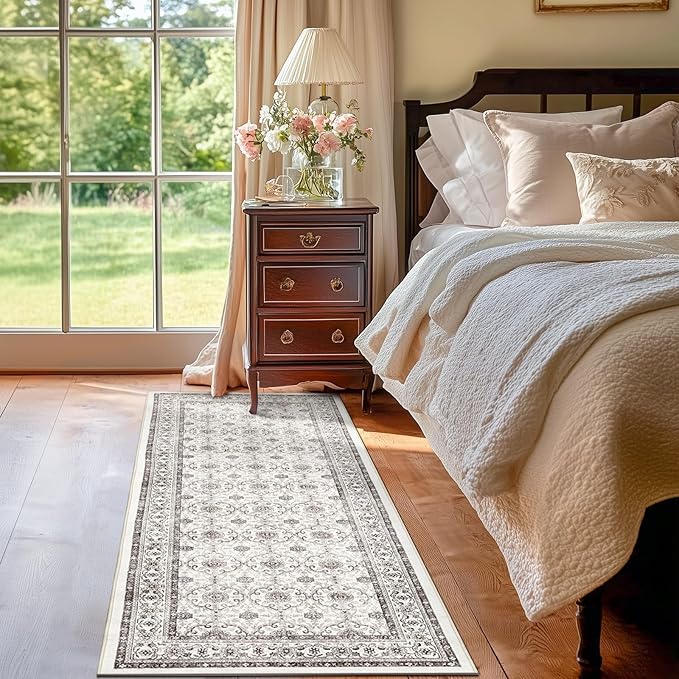 jinchan Floral Runner Rug 2x5 - Machine Washable Beige Vintage Distressed Design Soft Non-Slip Low-Pile Ultra-Thin Runner Rug for Kitchen Hallway Laundry Room Entryway Farmhouse (2‘x5',Beige)
