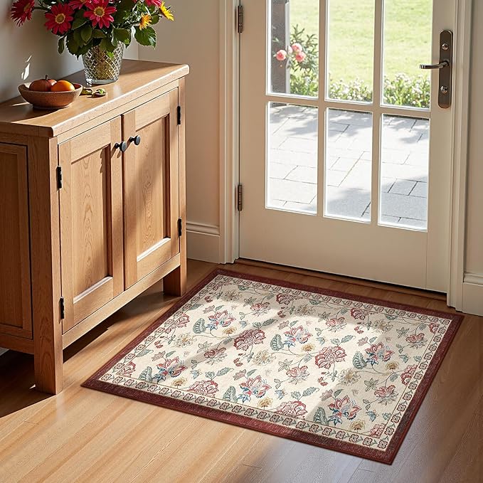 jinchan 2x3 Floral Rug for Entryway Washable Kitchen Rug Vintage Romance Design Small Mat Non Slip Indoor Doormat Lightweight Low-Profile Throw Carpet for Entrance Bathroom Laundry Room, Red/Beige