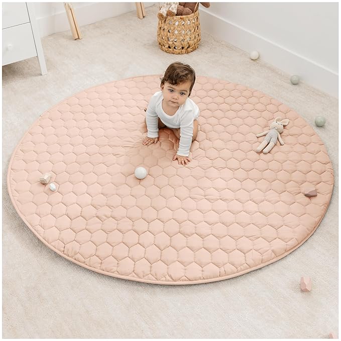 Comfy Cubs Round Kids Play Mat - Large 60 inches Soft Quilted Baby Floor Mat with Non-Slip Bottom - Plush Design for Toddlers' Playtime and Relaxation - Comfortable and Durable - Blush