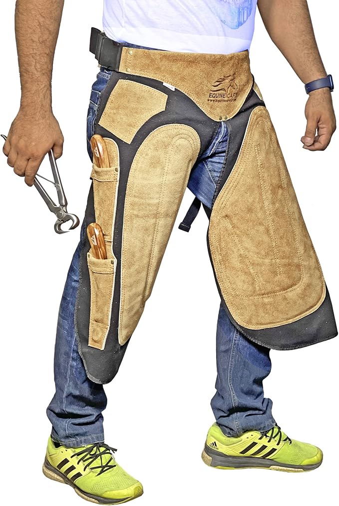Equine Care Farrier Apron Chaps – Cowhide Suede Leather & Canvas, Adjustable Waist 28"-52" with Back Support, Tool Pockets & Nail Magnets – 23", 25", 27", 29" for Horse Shoeing (23 inches (59 cm))