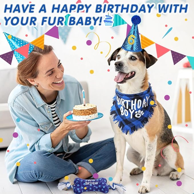 SCENEREAL Dog Birthday Party Supplies, Dog Birthday Bandana Hat Toy Bow Tie Collar Set with Birthday Numbers, Pet Birthday Scarf Accessories Outfit Decorations for Boy Girl Medium Large Dogs, L
