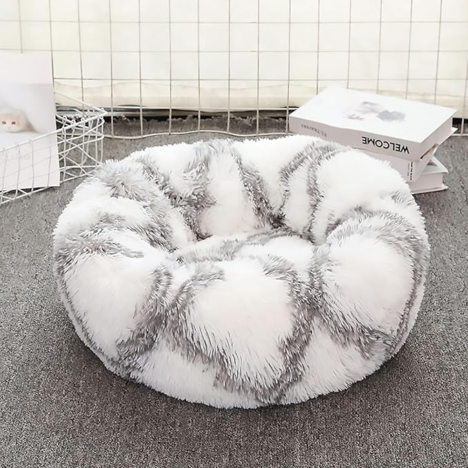 Calming Dog Bed for Small Dogs, Calming Donut Cuddler Pet Bed Anti Anxiety Round Dog Bed Fluffy Plush Faux Fur Cat Bed,Grey+White,31.5IN