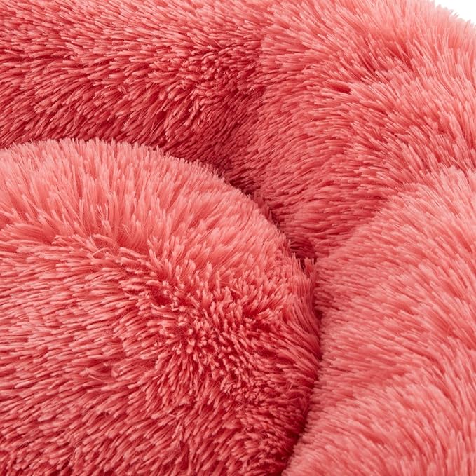 SunStyle Home Dog Bed Medium Size, Machine Washable Donut Round Calming Dog Bed, Anti-Anxiety Fluffy Plush Faux Fur with Anti-Slip Bottom Cushion for Medium and Large Pets