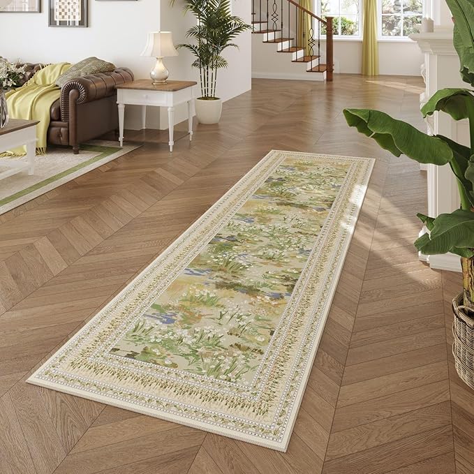 Runner Rug Impressionist-Style Vintage Kitchen Rugs Non Slip Washable Soft Carpet Runner for Kitchen Laundry Bedroom Bathroom, Beige