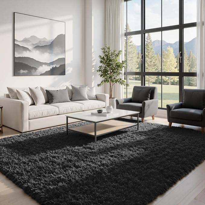 6x9 Area Rugs for Living Room Rug: Soft Fluffy Shag Black Rugs for Bedroom