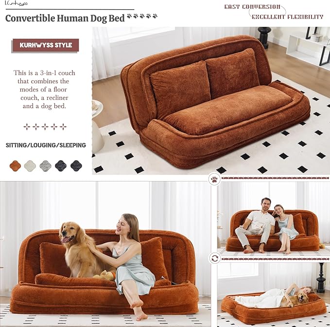 Extra Large Human Dog Bed for Adult & Pets, Convertible Floor Sofa Bed with 5 Adjustable Position, Lazy Couch Giant Bean Bag Lounge Chair Comfy Tatami with 3 Pillows for Bedroom Living Room (Orange)