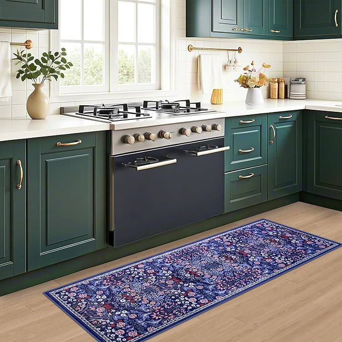 Runner Rug for Entryway: 2x10 Kitchen Rugs Non Slip Washable Ultra-Thin Soft Floral Carpet Indoor Floor Stain Resistant Carpets for Hallway Bedroom Kitchen Laundry Bathroom Dorm Blue