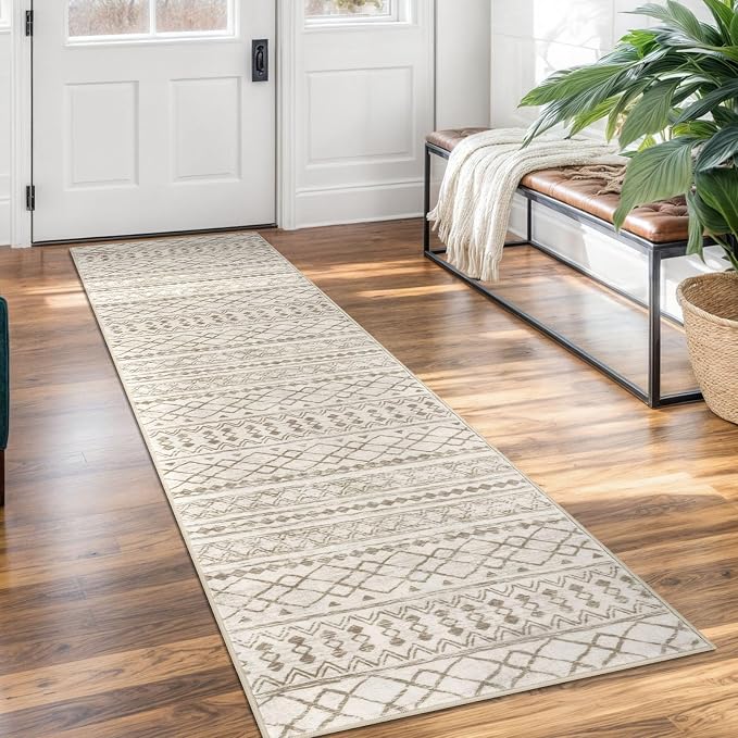 KUTA Boho Runners for Hallways 2x7 Beige Navy Blue Moroccan Washable Runner Rug