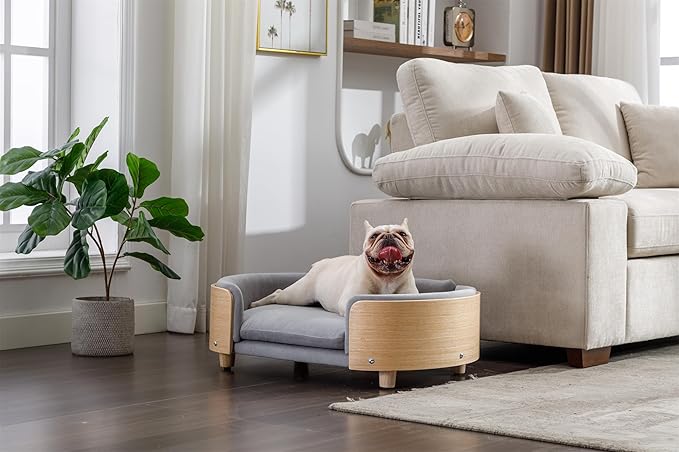 Dog Crate Furniture Elevated Pet Sofa Bed with Solid Wood Legs - Mid Size Indoor Dog House Kennel Cage for Medium Dogs,LIGHTGREY