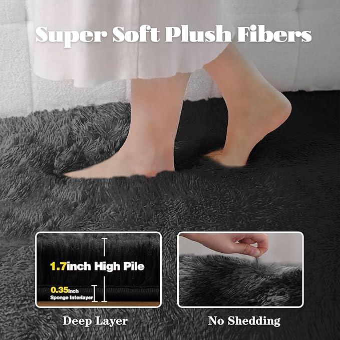 4x6 Area Rug for Living Room: Fluffy Shag Soft Washable Rugs Fuzzy Plush Indoor Carpet for Bedroom Nursery Playroom Dorm Kids Girls Boys Room (Black, 4'x6')