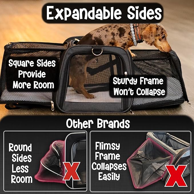 Pet Carrier with Wheels | Delta American Frontier Airline Approved | Two Expandable Sides, Storage Pockets Adjustable Leash | Rolling Dog and Cat Carrier TSA Compliant (Light Grey 17x12.5x11)