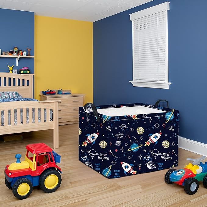 HIYAGON Rectangular Space Basket for Boys Baby Storage Basket Storage Bin Organizer Box Room Decor(Rocket Planet)