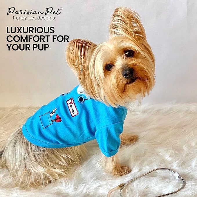 Parisian Pet Doctor Woof Dog Shirt - Embroidered Dog Pirate Costume - 100% Cotton & Polyester Doctor Outfit for Dog - Sleeved Dog Clothes - Blue Dog Shirts for Medium-Sized Dogs - Pet Costumes - M