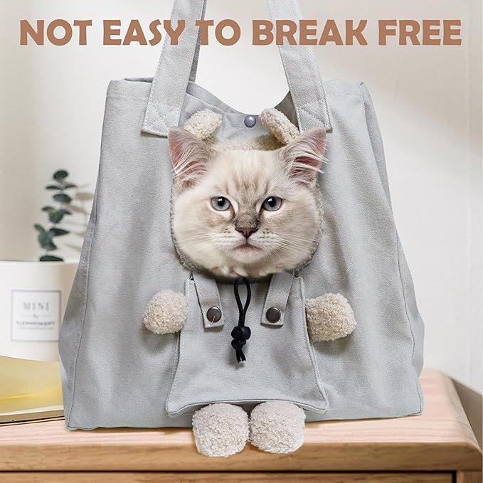 Pet Canvas Shoulder Carrying Bag, Cute Grey Bear Shaped Cat Carrier, M Size Portable Kitten & Puppy Tote, Comfort Carriers for Small Dogs, Cats, and Pets, Handbag for Outdoor, Shopping, and Camping