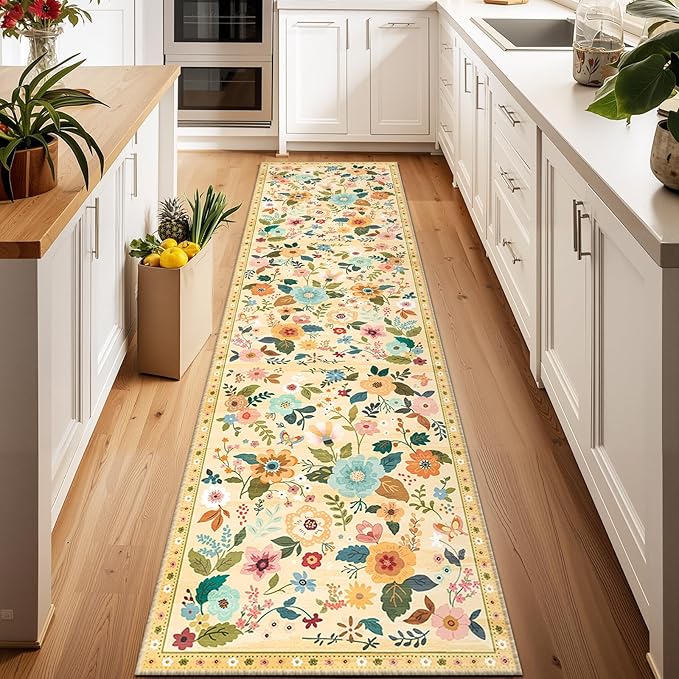 Floral 2x8 Area Rug Machine Washable Soft Print Boho Carpet Non Slip Doormat Low Pile Flower Area Rugs for Living Room Bedroom Nursery Kitchen Dining Room Indoor-Ivory/Yellow