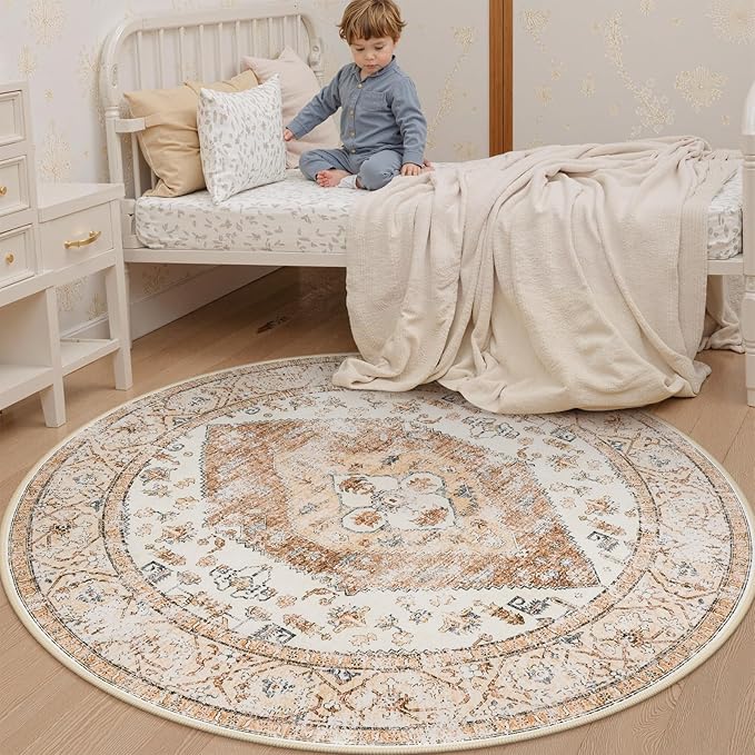 Lahome Boho Round Rugs - 4Ft Washable Non-Slip Small Round Area Rug Throw Lightweight Round Nursery Carpet Kids，Oriental Distressed Print Kitchen Mat for Bedroom Entryway Bathroom Living Room