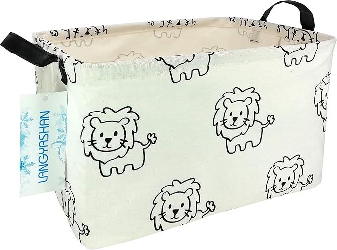 LANGYASHAN Rectangular Storage Bin Collapse Canvas Fabric Cartoon Storage Basket with Handles for Organizing Home Kitchen Boys and Girls Toys Office Closet Shelf Baskets (Rec lion)