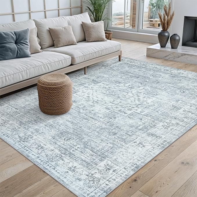 LIVEBOX Washable Area Rug 5x7 Rugs for Living Room Bedroom, Non-Slip Boho Neutral Carpet for Dining Room Office, Low-Pile Farmhouse Soft Carpets for Kids Nursery Room Playroom, Grey
