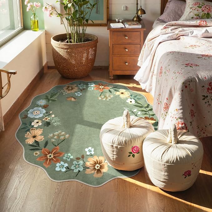 Lahome Floral Round Area Rugs, Washable Small Round Rug 3ft Non-Slip, Soft Boho