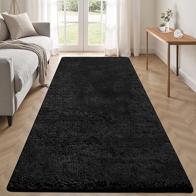 2x6 Runner Rug for Bedroom: Fluffy Shag Soft Washable Rugs Small Fuzzy Plush Indoor Carpet for Hallway Bedside Dorm Kids Girls Boys Room (Black, 2'x6')
