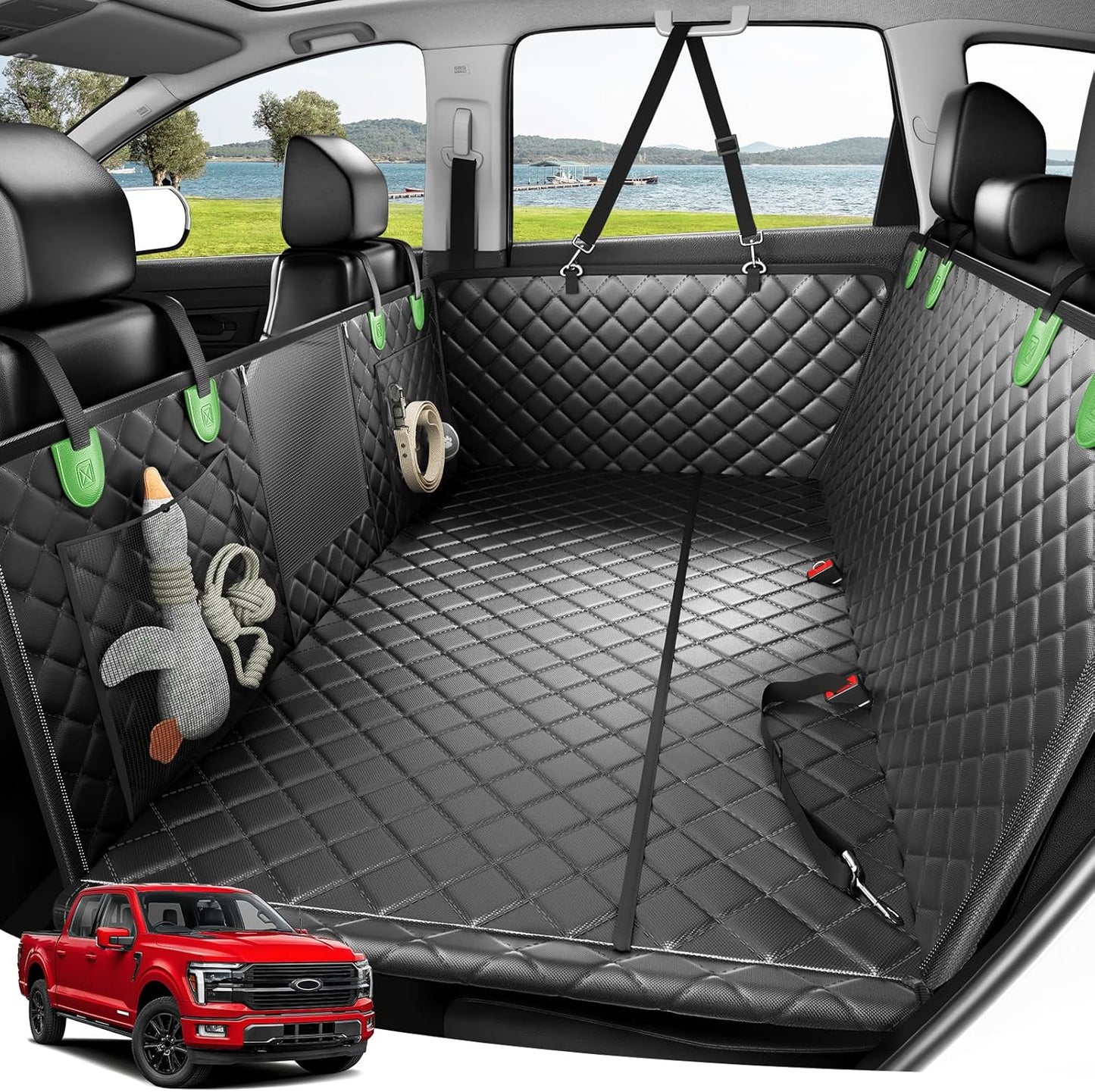Zanch 2025 Upgraded Dog Car Seat Cover, 400 lbs Heavy Duty Hard Bottom, Waterproof & Anti-Scratch Back Seat Protector, Nonslip Pet Hammock Extender for Large Trucks, SUVs, Vans, XL-Green