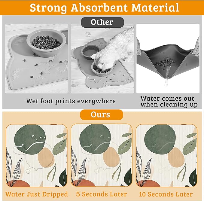 Boho Dog Cat Food Mat,Abstract Leaves Absorbent Waterproof Placemat for Food and Water Non Slip Rubber Backing Durable Feeding Pad for Clean Floors 16" x 24"