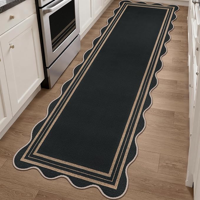 Scalloped 2.6x8 Kitchen Runner Rug, Washable Rugs