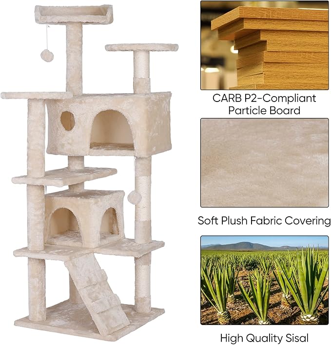 Premium Cat Tree 54-Inch Tall, Large Cat Condo Furniture with Sisal Posts and Plush Platforms, Luxury Lounger and Scratch Post for Happy Indoor Cats (Beige)