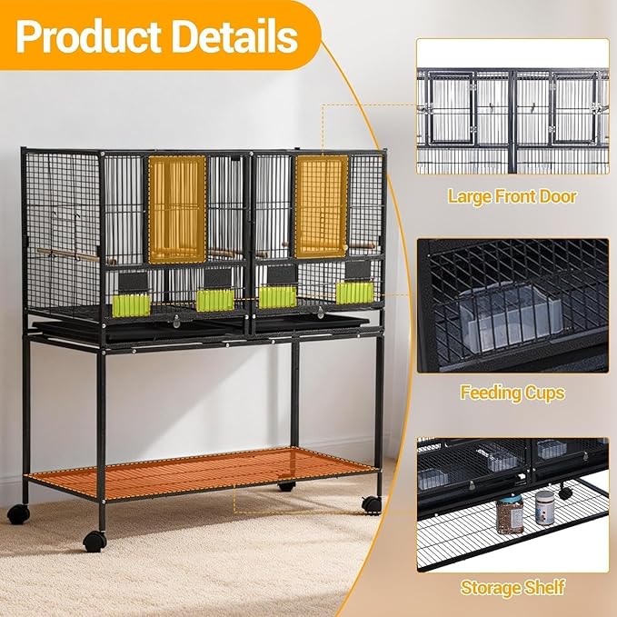 43'' Wrought Iron Birdcage with Detachable Rolling Stand & Feeder, Large Bird Cage with Secure Lock & Slide-Out Tray, Indoor Outdoor Bird Cage on Wheels,Parrot Cages for Parakeets, Pigeons, Black