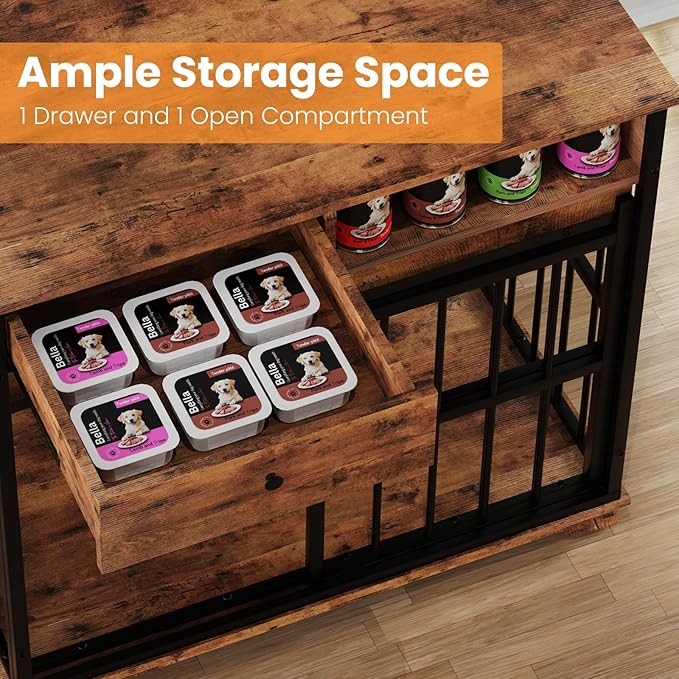 35.4" Dog Crate Furniture, Dog Kennel Indoor with Wheels for Medium Small Dogs, Wooden Dog Crate End Table with Drawer, Open Shelves and Sliding Door, Dog Kennel Furniture for Living Room, Bedroom