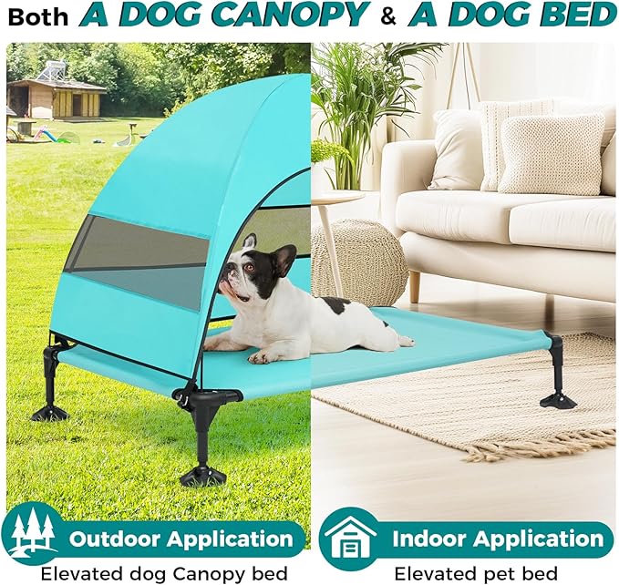 Windproof Elevated Dog Bed with Canopy & Stakes, 3-Sided 90% UV Block, Chew-Proof Teslin Mesh Mat for Large Dogs up to 150lbs(Blue Large)