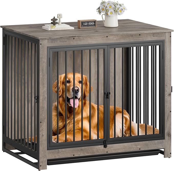 Dog Crate Furniture, 42 Inch Indoor Large Dog Kennel for Medium to Large Dogs Up to 70 LBS, Heavy Duty Wooden Pet Cage End Table with 3 Doors, Alloy Steel Frame & Removable Tray