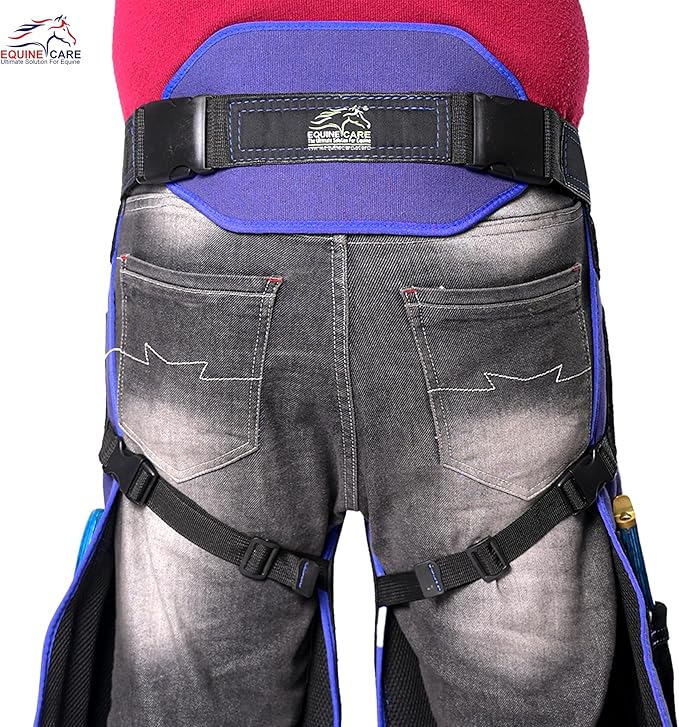 Equine Care Farrier Apron Chaps – 23" to 27" Cowhide Suede Leather & 500 GSM Canvas, Adjustable Waist 28"-52", Back Support, 4 Hoof Knife Pockets & 2 Nail Magnets. (25 inches (65 cm))