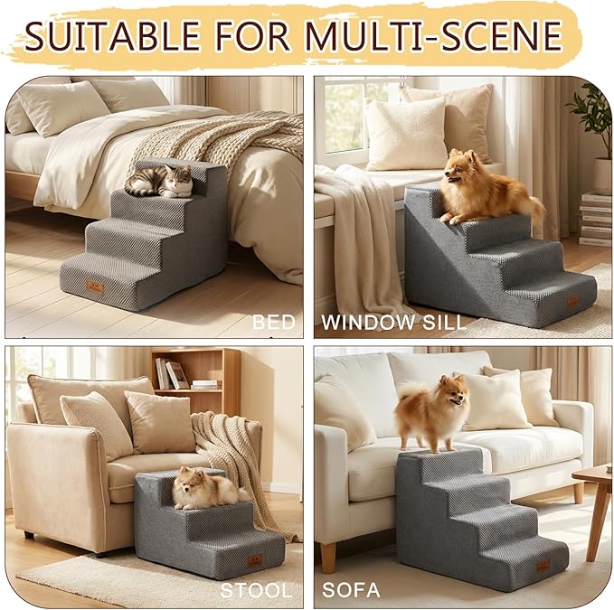 2 Pcs Dog Stairs 3-Step Dog Stairs for Bed Couch Sofa 13.5" H Pet Steps for Puppy Small Dogs Cat Puppy Small Medium Dogs (Grey, 3-Stairs 13.5" H)