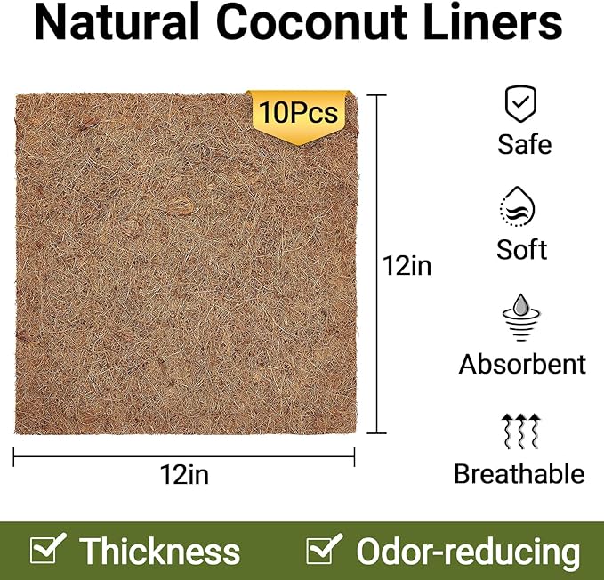 ZeeDix 10 Pcs Reptile Carpet, 12X12 inch Natural Coconut Fiber Liner Mat Flooring Accessories for Reptile Tank - Bearded Dragon Tortoise Lizard Turtle Snake Leopard Gecko Substrate Bedding