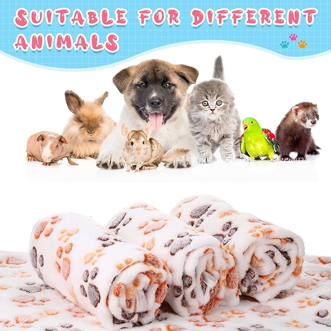 Tatuo 4 Pcs Dog Blanket for Pet Cat Blankets Indoor Puppy Teething Stuff Toys Paw Print Fleece Soft Blanket Sleep Mat for Guinea Pig Cage(White,Medium(30 x 20.5 Inch),Square)