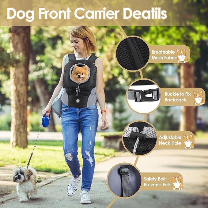 Adjustable Dog Backpack Carrier for Small Dogs, Breathable Front & Back Carry Pet Carrier with Safety Leash, Multi-Pocket Design for Hiking Travel Cycling (Large)