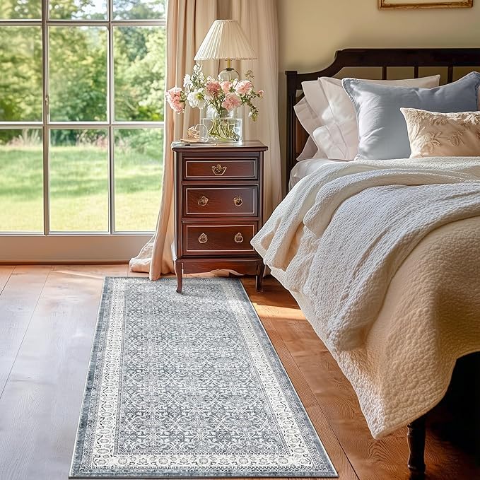 jinchan Floral Runner Rug 2x5 - Machine Washable Grey Vintage Distressed Design Soft Non-Slip Low-Pile Ultra-Thin Runner Rug for Kitchen Hallway Laundry Room Entryway Farmhouse (2‘x5',Grey)