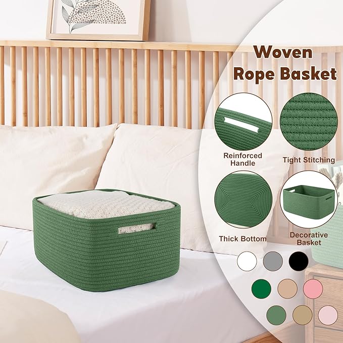 OIAHOMY Storage Basket for Shelves, Closet Cube Storage Bins Baskets for Clothes Blanket Towels, Baby Nursery, Toy Baskets Box, Woven Rope Basket, 17.72*12.99*7.87 IN, 2 Packs Olive Green