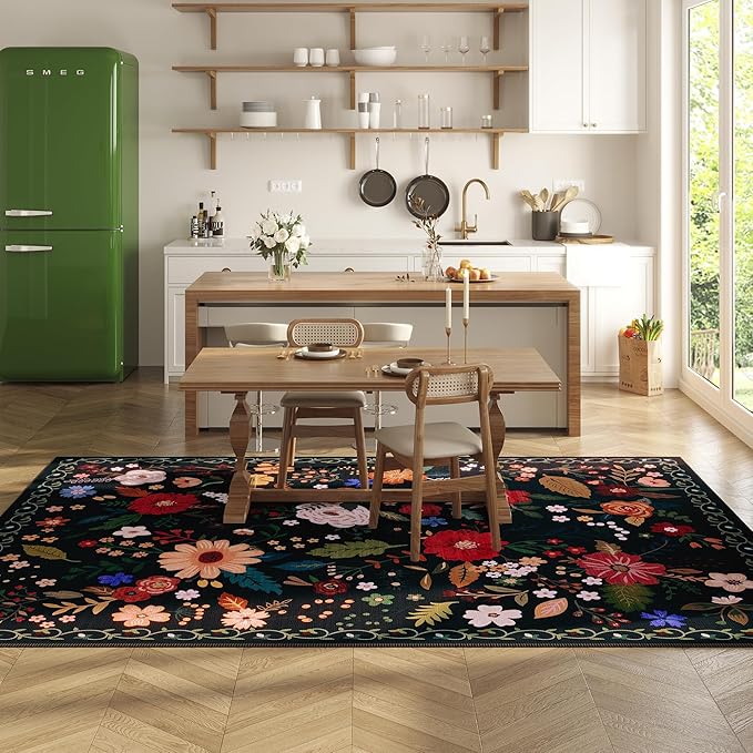 5x7 Washable Rug for Living Room, Floral Black Area Rug, Non Slip Low Pile Soft Flower Carpet, Large Rugs for Bedroom, Dining Room, Office, Kids Playroom, Nursery