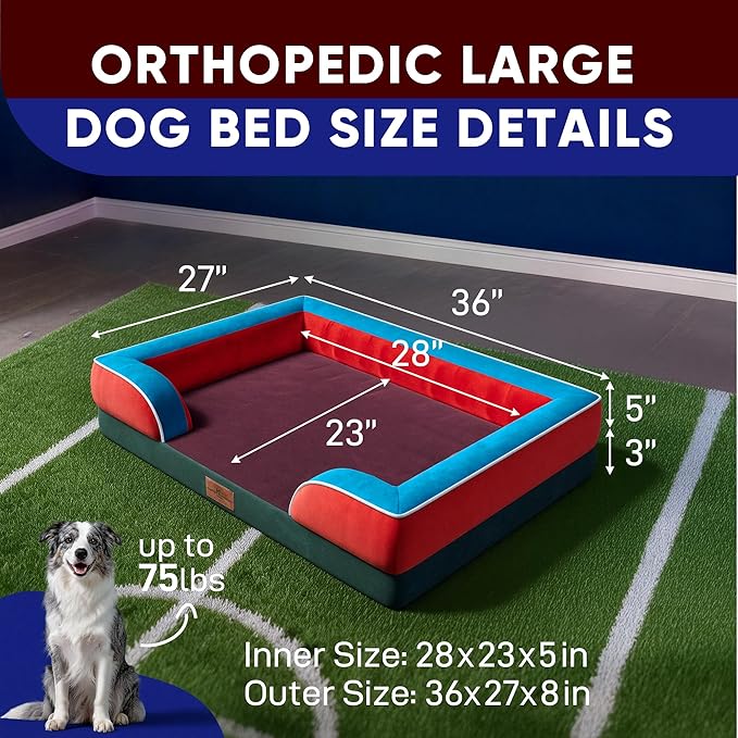 Comfort Expression Orthopedic Dog Bed for Large Dogs 36x27 Inch, Waterproof Egg Crate Foam Large Pet Bed with Removable Bolsters, Dog Couch with Washable Cover & Non-Slip Bottom, San Francisco