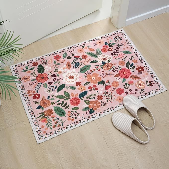 Rugcomf Door Mat Indoor Entrance 2x3 Rug Machine Washable Boho Floral Small
