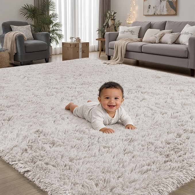 Area Rug for Living Room Bedroom: 9x12 White Soft Fluffy Shag Upgrade Non-Slip