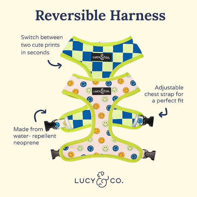 Lucy & Co. Lime Green with Blue Checker Smiley Faces, Cute Reversible Dog Harness Walking Halter - Best Designer Pet Harnesses for XS - XL Dogs - Padded Adjustable Vest for Easy Walking (Small)