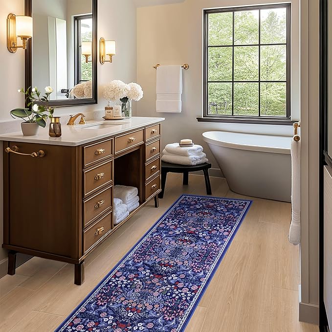 Runner Rug for Entryway: 2x10 Kitchen Rugs Non Slip Washable Ultra-Thin Soft Floral Carpet Indoor Floor Stain Resistant Carpets for Hallway Bedroom Kitchen Laundry Bathroom Dorm Blue