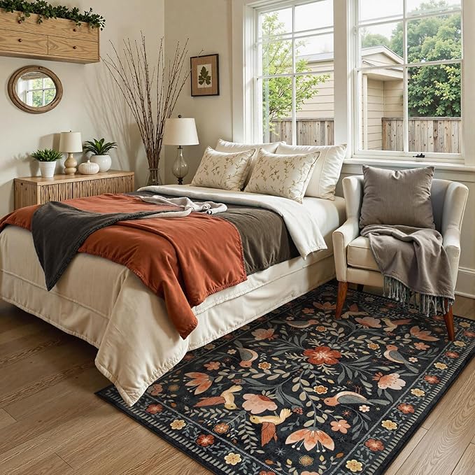 Moynesa Boho Bird 3x5 Rug, Ultra Thin Washable Kitchen Rugs Anti Skid Rubber Backing, Low Pile, Soft, Indoor Large Black Throw Carpet for Entryway Office Bedroom Bathroom Living Room