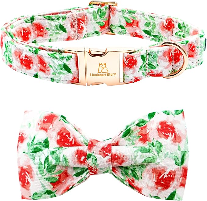 Lionheart glory Dog Collar Bow Collar Floral Dog Collar with Bow Tie Spring Summer Cute Collar Dog Boy or Girl Dog Collars Soft Durable Adjustable Dog Collars for Medium Dogs