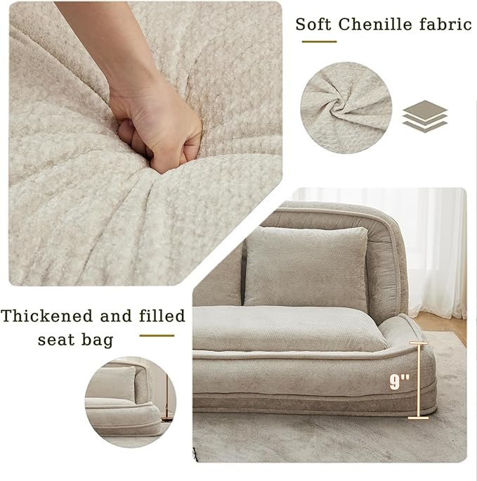 Double Human Dog Bed for Adult and Kids, Comfy Foldable Lazy Floor Loveseat Sofa Bed with 5 Adjustable Position, Upholstered Floor Bean Bag Lounger Chair for Bedroom, Living Room,Office (Beige)