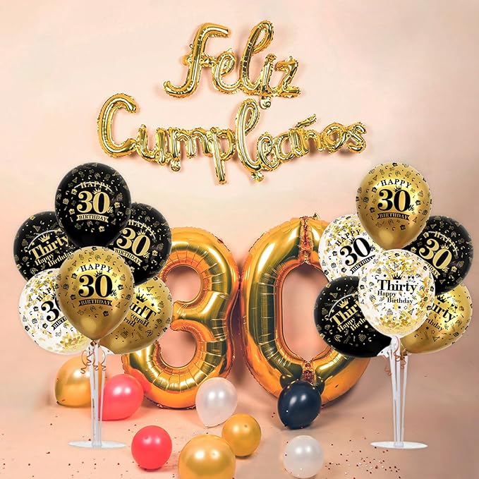 TONIFUL 4 Set Black Gold Balloon Stand Kit for Birthday Decorations for 30th,Balloon Centerpieces for Table Party Decorations Cheers to 30 Years Old Birthday for Men and Women