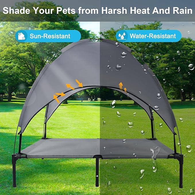 48'' Outdoor Elevated Dog Bed with Canopy, Raised Dogs Bed with Six Support Feet, Breathable Cooling Dog Cot Beds Medium Large Size Dogs, Outdoor Pet Hammock Beds, Pet Beds with 4 Ice Pack(X-Large)